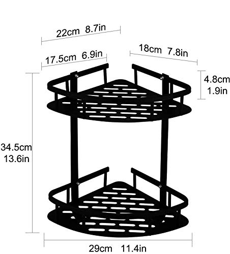 Tagve Self Adhesive Bathroom Shelf with Hooks no Drill Durable Aluminium 2 Tiers Shower Frame Paste Corner Caddy Kitchen Storage Basket Suction Cup Corner Shower Black - Image 2