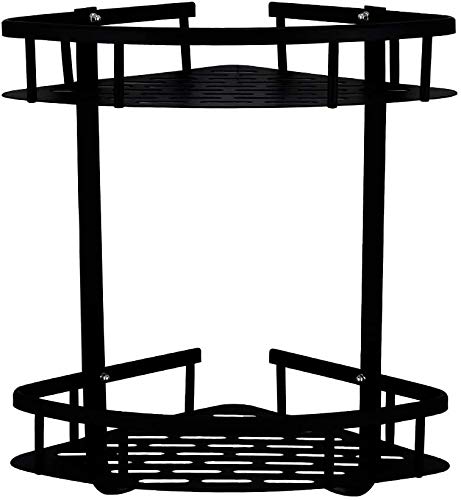 Tagve Self Adhesive Bathroom Shelf with Hooks no Drill Durable Aluminium 2 Tiers Shower Frame Paste Corner Caddy Kitchen Storage Basket Suction Cup Corner Shower Black - Image 5