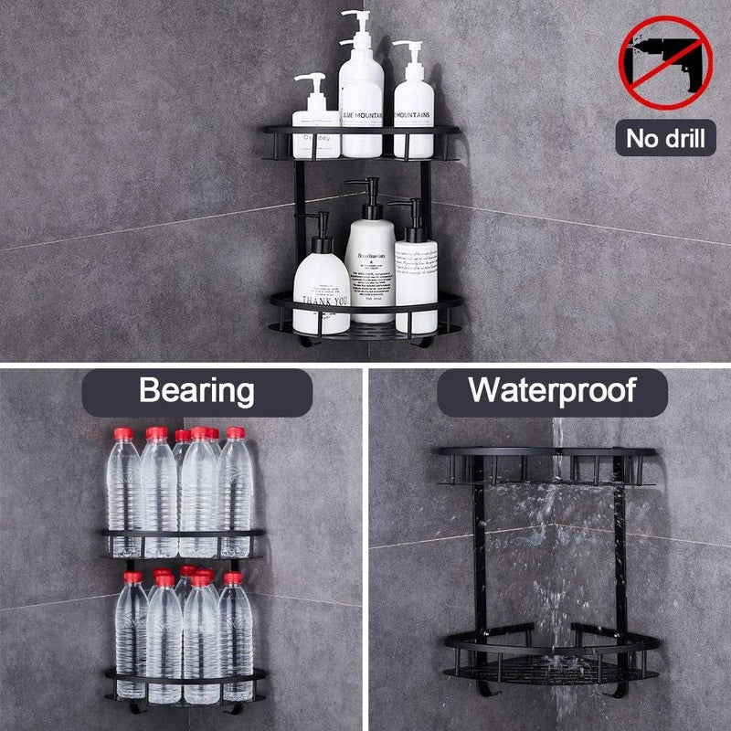 Tagve Self Adhesive Bathroom Shelf with Hooks no Drill Durable Aluminium 2 Tiers Shower Frame Paste Corner Caddy Kitchen Storage Basket Suction Cup Corner Shower Black - Image 3