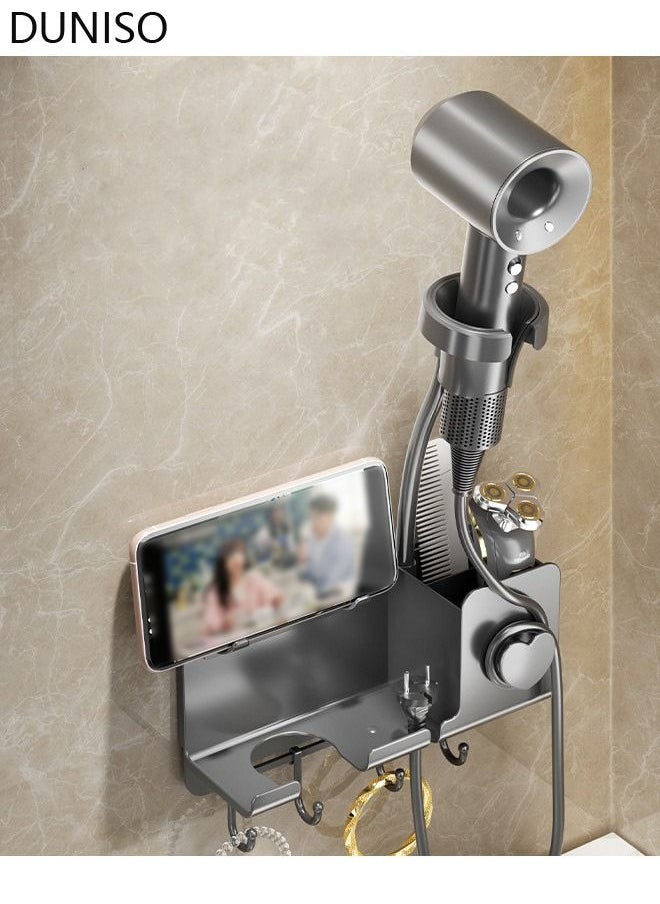 DUNISO - Hair Dryer Holder Wall Mounted Upgraded Hands-Free Blow Dryer Holder with Phone Holder and Hooks Wall Mount Bathroom Hot Tool Organizer Storage for Hair Drver Curling Wand Straightener - Image 1