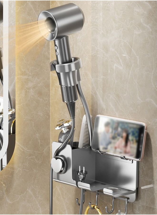DUNISO - Hair Dryer Holder Wall Mounted Upgraded Hands-Free Blow Dryer Holder with Phone Holder and Hooks Wall Mount Bathroom Hot Tool Organizer Storage for Hair Drver Curling Wand Straightener - Image 1