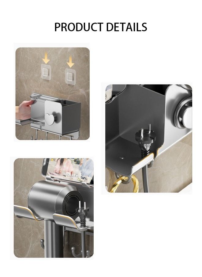 DUNISO - Hair Dryer Holder Wall Mounted Upgraded Hands-Free Blow Dryer Holder with Phone Holder and Hooks Wall Mount Bathroom Hot Tool Organizer Storage for Hair Drver Curling Wand Straightener - Image 1
