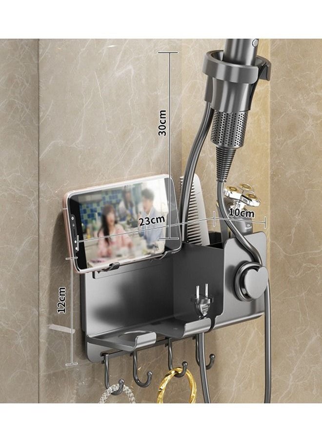 DUNISO - Hair Dryer Holder Wall Mounted Upgraded Hands-Free Blow Dryer Holder with Phone Holder and Hooks Wall Mount Bathroom Hot Tool Organizer Storage for Hair Drver Curling Wand Straightener - Image 1