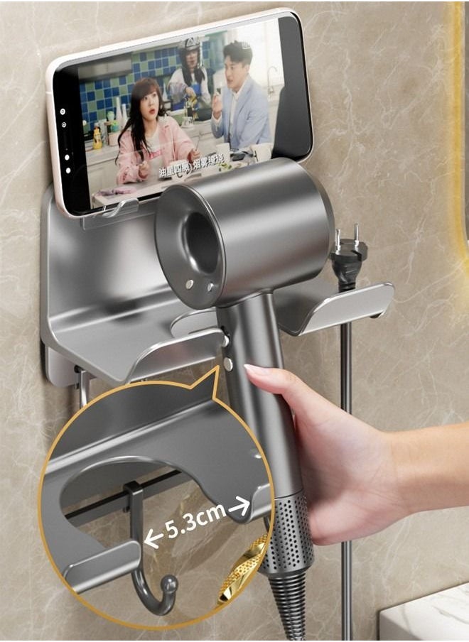 DUNISO - Hair Dryer Holder Wall Mounted Upgraded Hands-Free Blow Dryer Holder with Phone Holder and Hooks Wall Mount Bathroom Hot Tool Organizer Storage for Hair Drver Curling Wand Straightener - Image 1