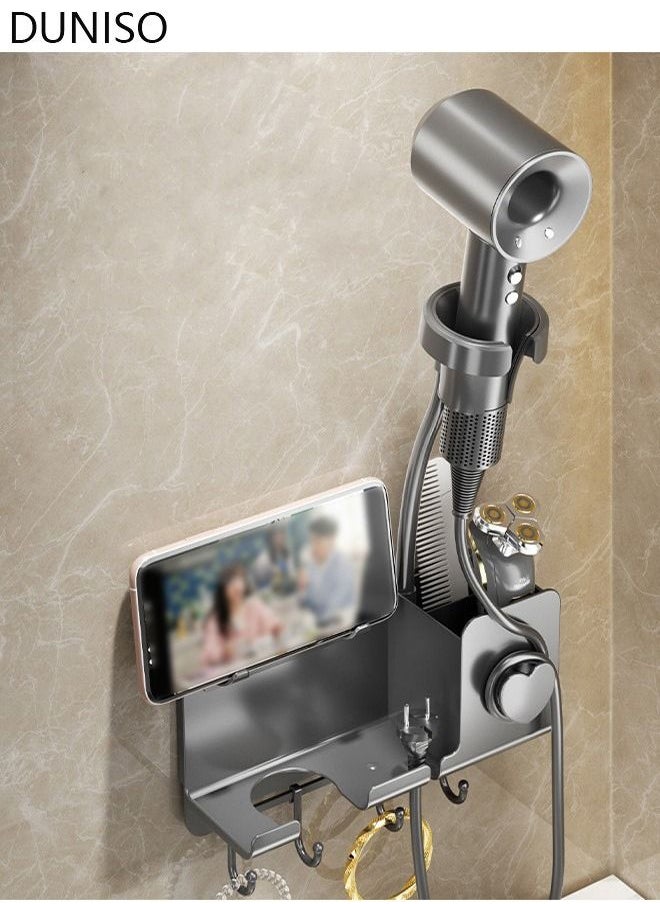 DUNISO - Hair Dryer Holder Wall Mounted Upgraded Hands-Free Blow Dryer Holder with Phone Holder and Hooks Wall Mount Bathroom Hot Tool Organizer Storage for Hair Drver Curling Wand Straightener - Image 1