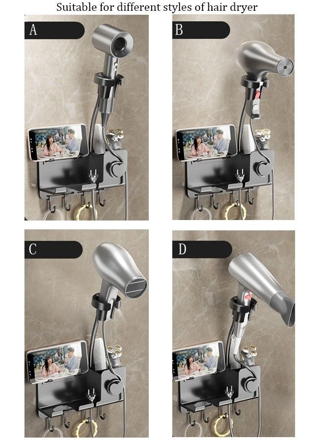 DUNISO - Hair Dryer Holder Wall Mounted Upgraded Hands-Free Blow Dryer Holder with Phone Holder and Hooks Wall Mount Bathroom Hot Tool Organizer Storage for Hair Drver Curling Wand Straightener - Image 1