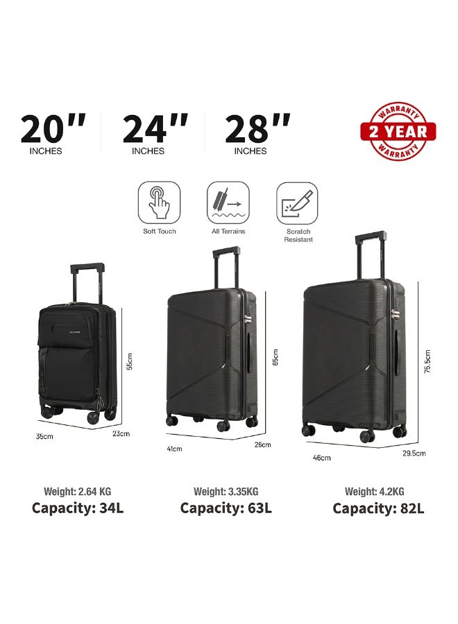 Eagle Express Cruiser Elite 3 Piece Luggage Set 20/24/28 Inch Black, PP Hard Shell Trolley Suitcase Set with Lightweight Travel Design, Cabin & Check-In Luggage, Smooth Spinner Wheels, Secure Lock System and 2 Year Warranty - Image 3