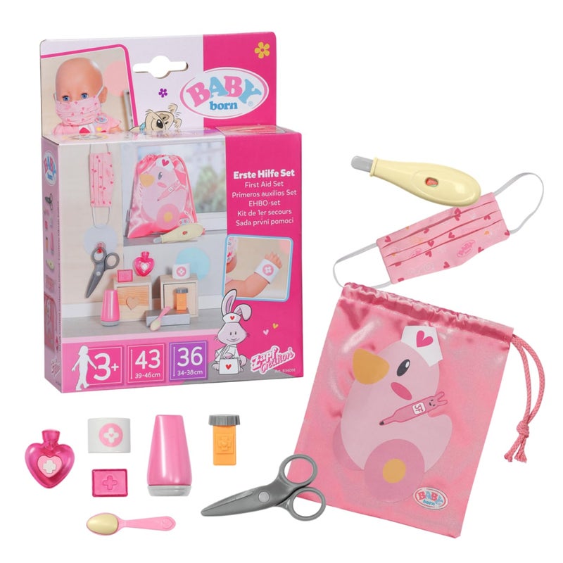 Baby Born Baby born First Aid Kit 834091 - Accessories for Baby born Dolls - Includes 9 Medical Doll Accessories and Drawstring Pouch - Suitable for Kids from 3+, Pink - Image 1