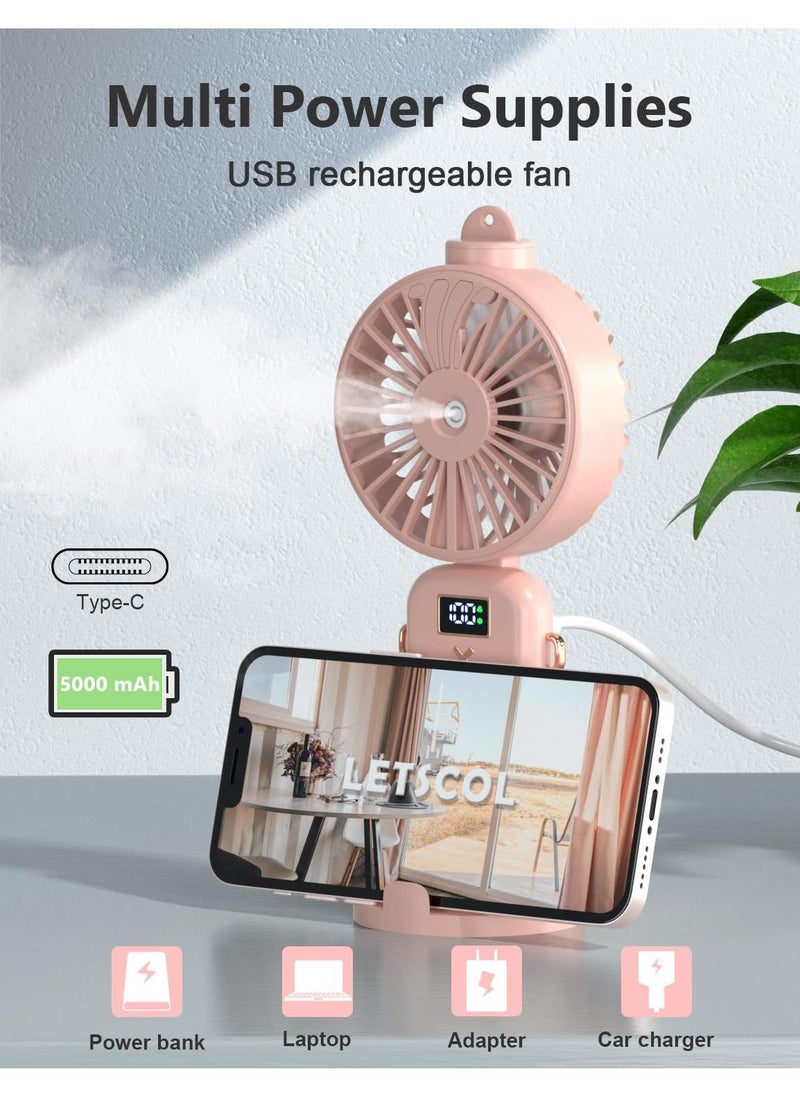 Handheld Fan With Water Mist Spray Handheld Misting Fan 5000Mah Large Capacity Battery Portable Mini Fan With USB Rechargeable Battery Operated And 5 Adjustable Speed For Travel And At Home
