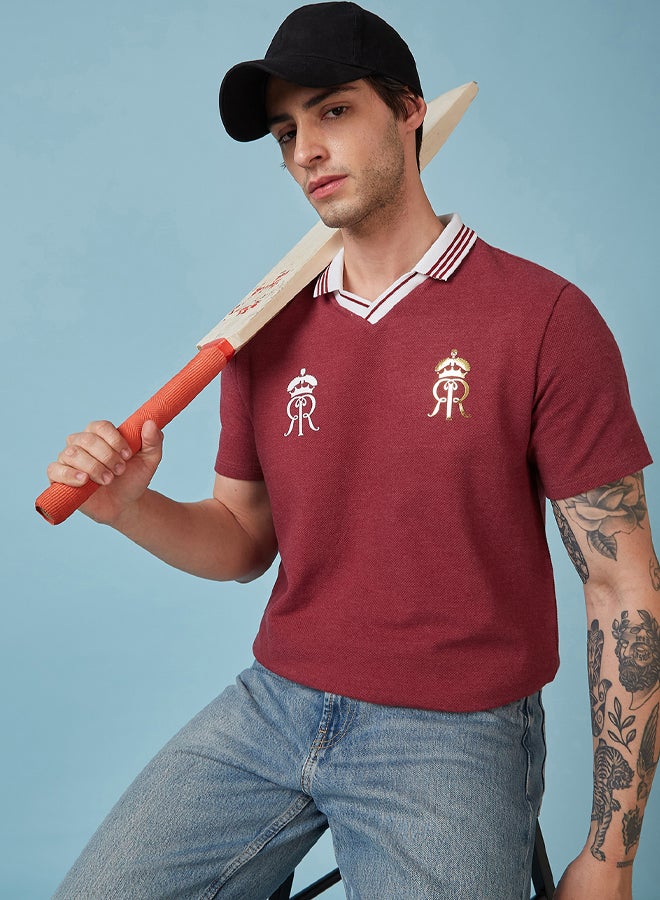 FanCode Men Maroon Popcorn Textured Premium Cotton Polo Neck T-Shirt  - Image 5
