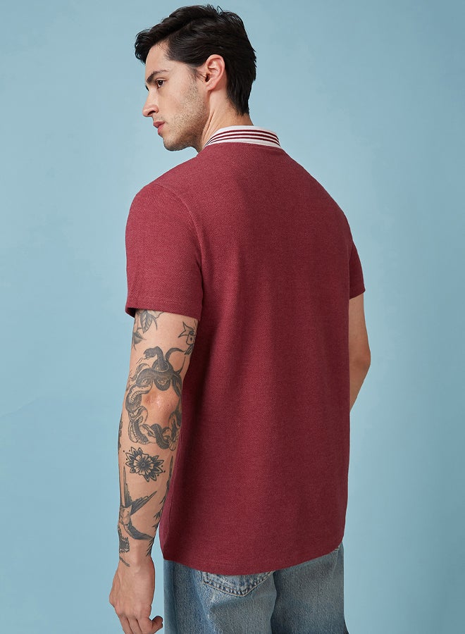 FanCode Men Maroon Popcorn Textured Premium Cotton Polo Neck T-Shirt  - Image 2