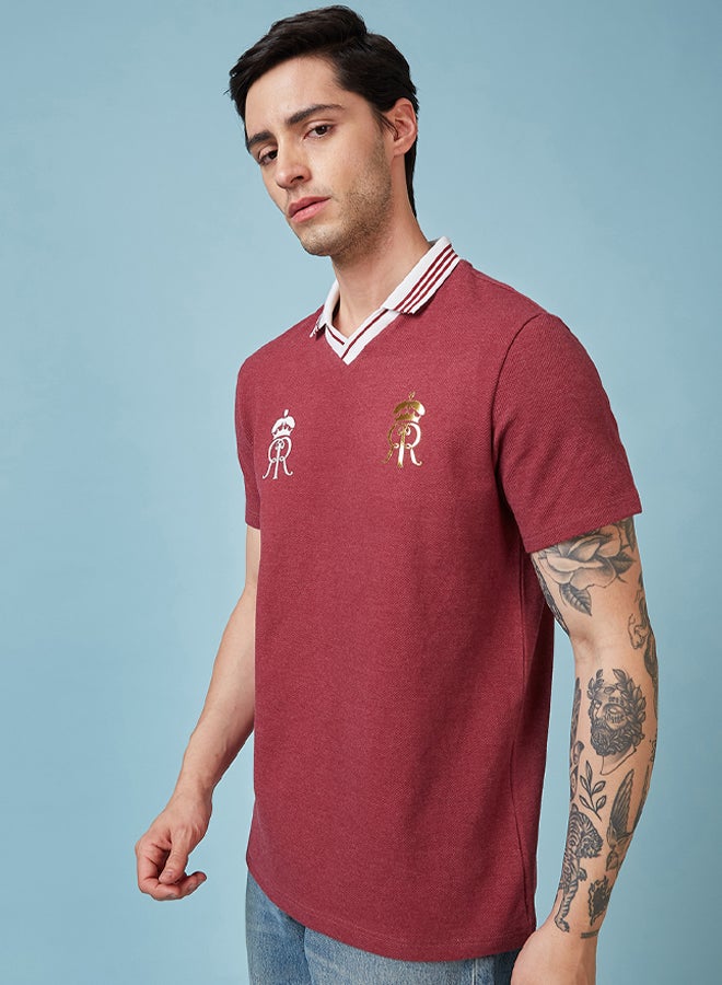 FanCode Men Maroon Popcorn Textured Premium Cotton Polo Neck T-Shirt  - Image 1