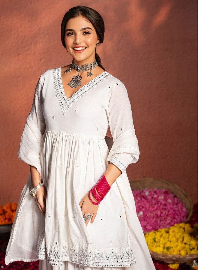 ISHIN Women'S Off White 100% Cotton Self Design Full Length Palazzo Kurta Set - Image 2