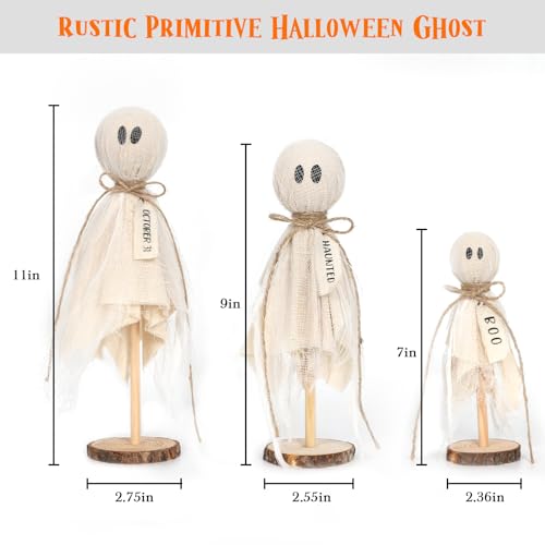 DAZONGE Halloween Decorations Indoor - Set of 3 Primitive Halloween Ghosts on Wooden Stand for Table Centerpieces, Shelves, and Mantels - Image 3