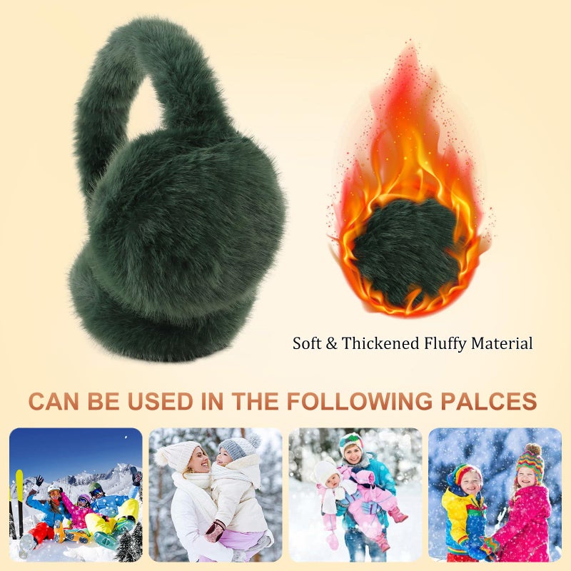 PESAAT Fluffy Ear Muff for Women Plush Foldable Earmuffs Kids Winter Earmuffs Girls Boys Cold Weather Ear Warmer (Army Green) - Image 4
