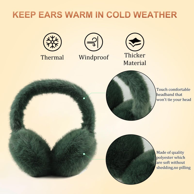PESAAT Fluffy Ear Muff for Women Plush Foldable Earmuffs Kids Winter Earmuffs Girls Boys Cold Weather Ear Warmer (Army Green) - Image 3