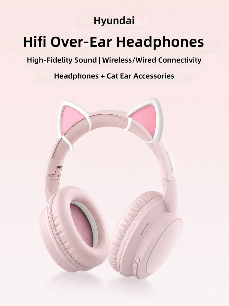 HYUNDAI HY-T02MAX Over-Ear Bluetooth Headphones with Bow Accessory, HiFi Sound, Deep Bass, Clear Calls, Noise Cancellation, Low Latency, Long Battery Life, for Music, Sports, Gaming, Business, Compatible with Phones and Tablets - Pink