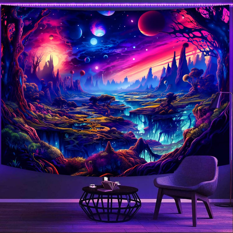 Simpkeely Fantasy Planet Tapestry, Blacklight Forest Natural Landscape Retro Aesthetic Wall Hanging, UV Reactive Sunset Trees Tapestries for Bedroom, Living Room - 44" x 59" - Image 3