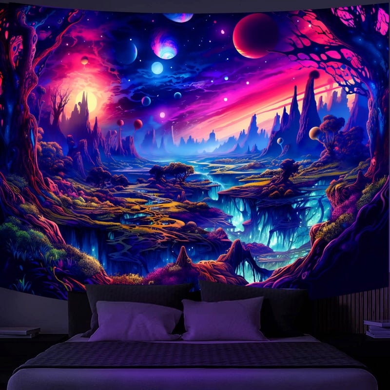 Simpkeely Fantasy Planet Tapestry, Blacklight Forest Natural Landscape Retro Aesthetic Wall Hanging, UV Reactive Sunset Trees Tapestries for Bedroom, Living Room - 44" x 59" - Image 1