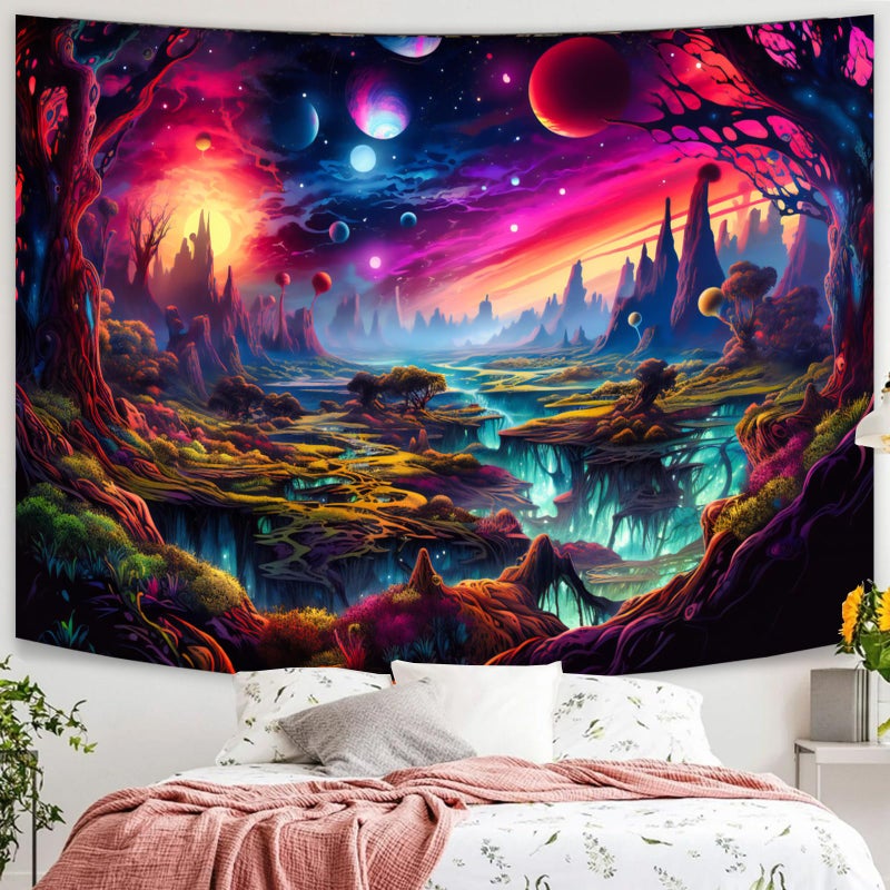 Simpkeely Fantasy Planet Tapestry, Blacklight Forest Natural Landscape Retro Aesthetic Wall Hanging, UV Reactive Sunset Trees Tapestries for Bedroom, Living Room - 44" x 59" - Image 4