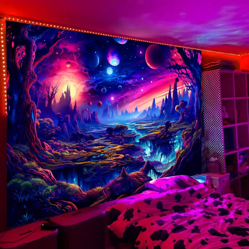 Simpkeely Fantasy Planet Tapestry, Blacklight Forest Natural Landscape Retro Aesthetic Wall Hanging, UV Reactive Sunset Trees Tapestries for Bedroom, Living Room - 44" x 59" - Image 2