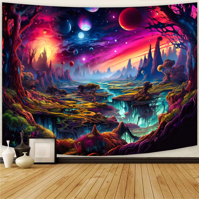 Simpkeely Fantasy Planet Tapestry, Blacklight Forest Natural Landscape Retro Aesthetic Wall Hanging, UV Reactive Sunset Trees Tapestries for Bedroom, Living Room - 44" x 59" - Image 5