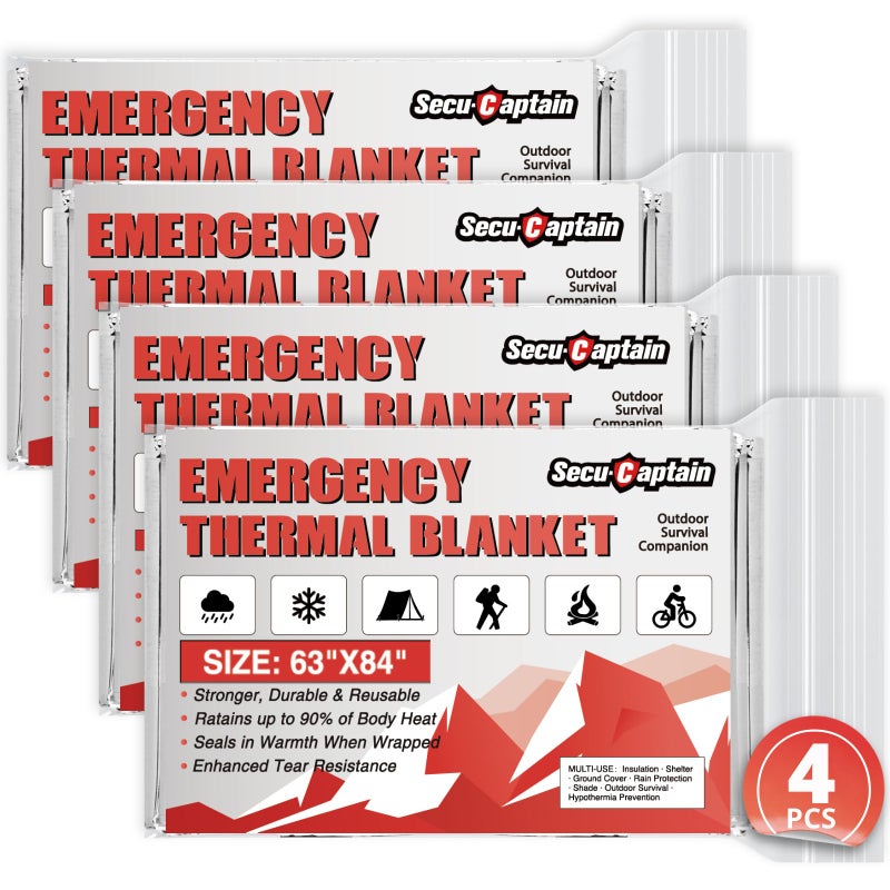 SecuCaptain Survival Emergency Thermal Blankets: Extra Large 84â€ x63â€ Space Mylar Blanket Kit for Outdoor Cold Winter Camping Hiking Car Bug Out Bag or First Aid - 4 Pack - Image 1