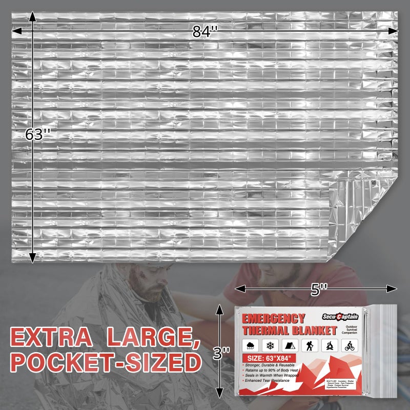 SecuCaptain Survival Emergency Thermal Blankets: Extra Large 84â€ x63â€ Space Mylar Blanket Kit for Outdoor Cold Winter Camping Hiking Car Bug Out Bag or First Aid - 4 Pack - Image 2