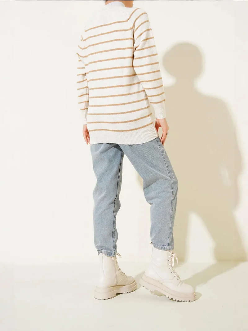 Big Dart Camel Brown BDART Striped Knit Sweater with Button Closure for Women | Best Price UAE