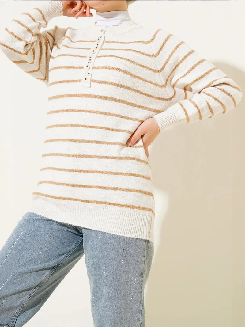 BIG DART BDART Striped Knit Sweater with Button Closure
