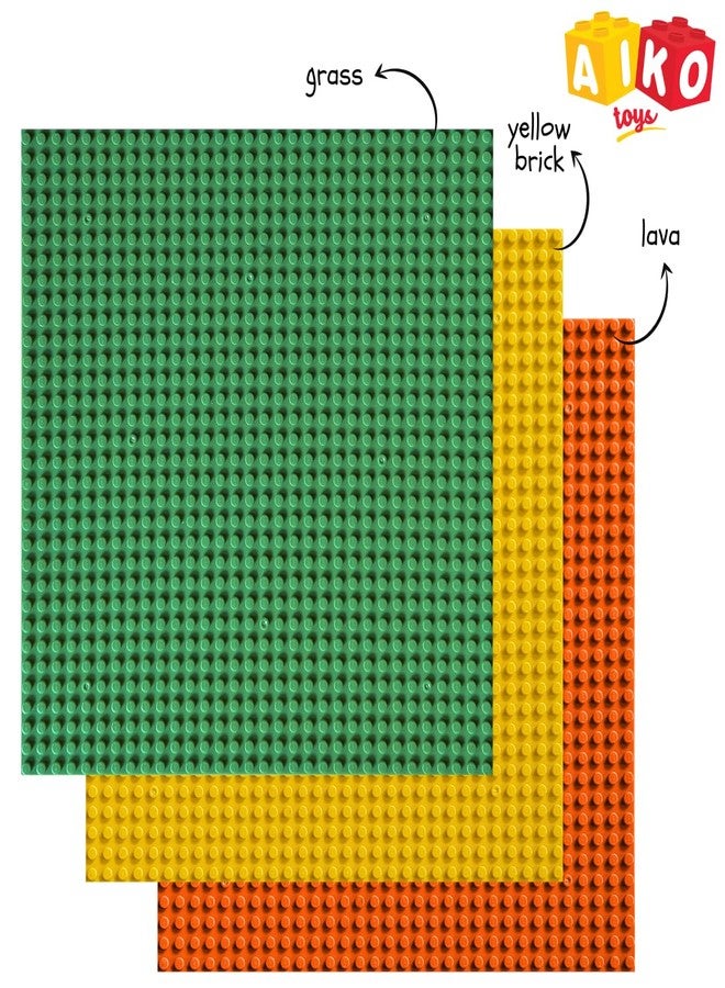 AIKO Classic Base Plate 32 x 32 Studs (10" x 10") | ABS Plastic Building Base | Compatible with Major Block Brands | Ideal Gift for Kids 4+ | Pack of 3 (Green, Yellow, Orange) - Image 2