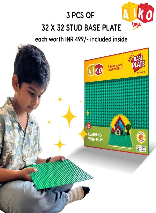 AIKO Classic Base Plate 32 x 32 Studs (10" x 10") | ABS Plastic Building Base | Compatible with Major Block Brands | Ideal Gift for Kids 4+ | Pack of 3 (Green, Yellow, Orange) - Image 4