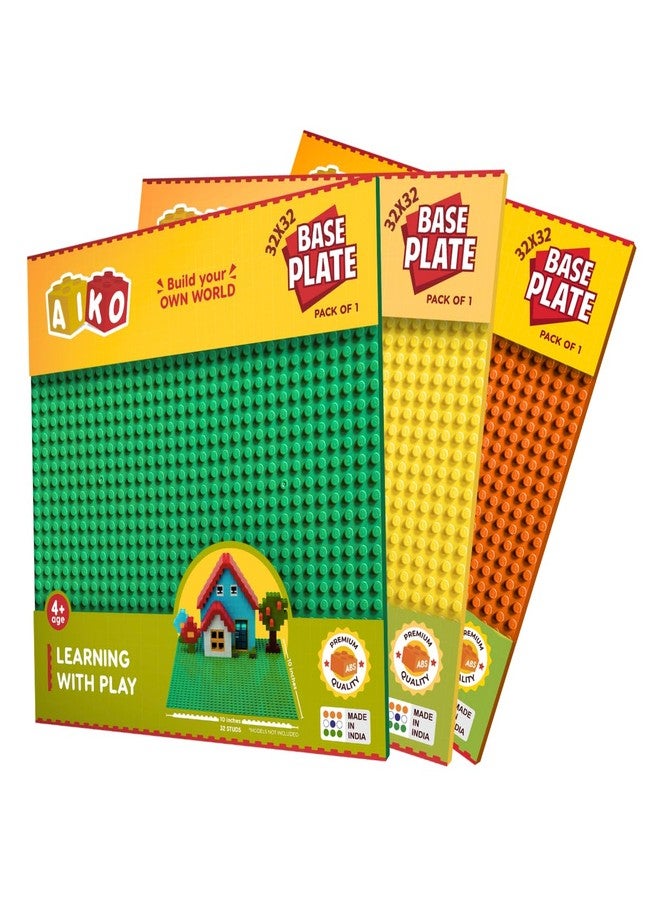 AIKO Classic Base Plate 32 x 32 Studs (10" x 10") | ABS Plastic Building Base | Compatible with Major Block Brands | Ideal Gift for Kids 4+ | Pack of 3 (Green, Yellow, Orange) - Image 1
