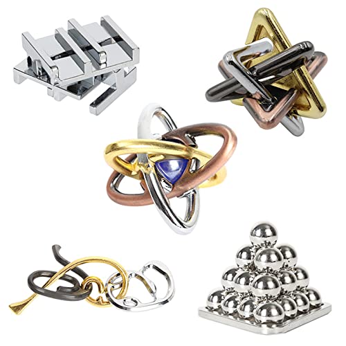RoseFlower 5 pcs IQ Test Puzzle Brain Teaser Metal Wire Puzzles Mind Game Educational Toys High Difficulty Disentanglement Unlock Interlock Game Magics Toy for Kids Adults Challenge Interlock Toy - Image 1