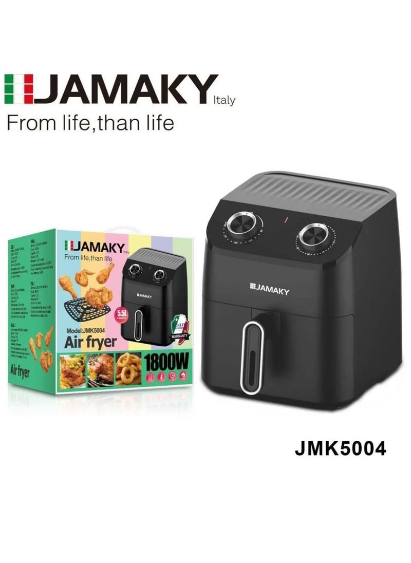 JAMAKY Italy - Air fryer with Italian technology for cooking healthy food, oil-free, with a power of 1800 watts, 5.5 liters, black - JMK5004, for home and kitchen use, elegant design, practical and easy to use - Image 1