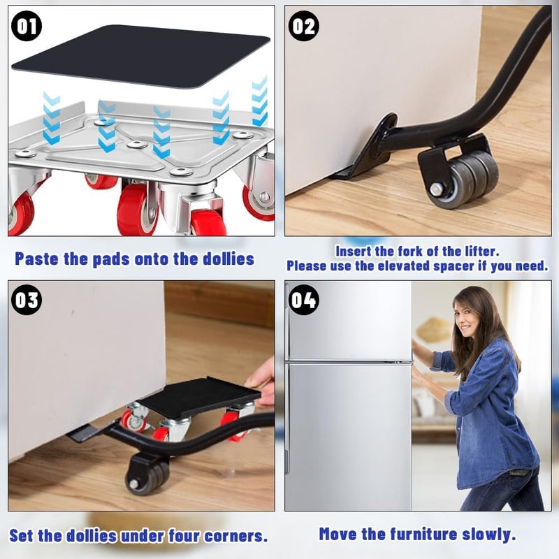 Zaptec Furniture Moving Tool Set - Heavy Duty Steel 600KG Capacity with 5 360° Rotating Wheels -Lifter & Roller for Bed Sofa Wardrobe Table Fridge Washing Machine - Move Furniture & Appliances Easily - Image 3