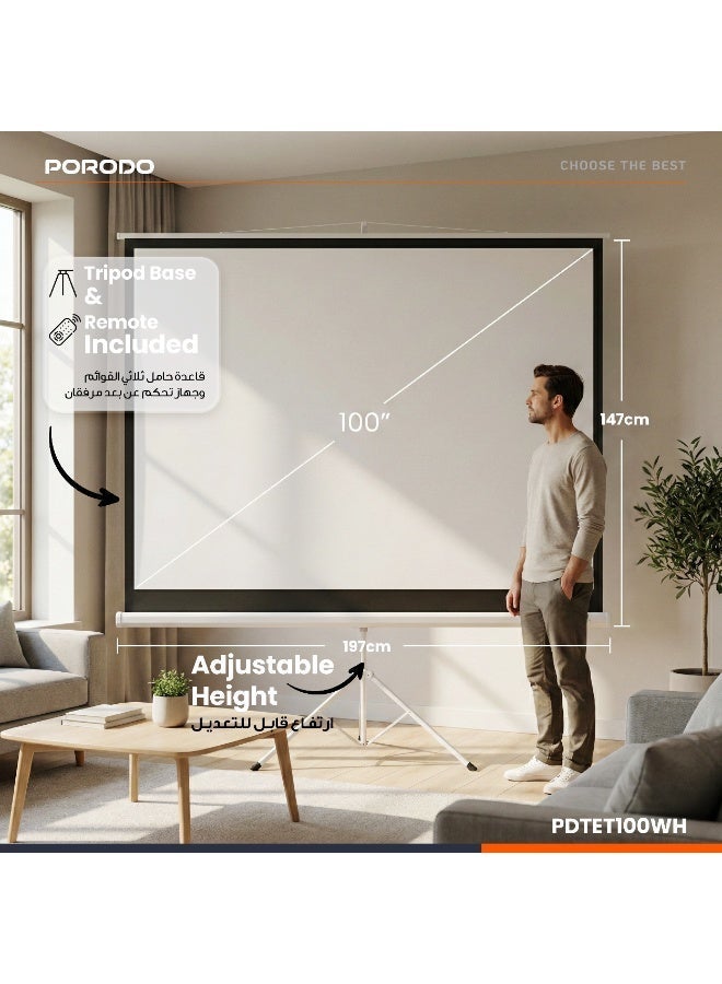 porodo 100" Tripod Projection Screen with 160° Viewing Angle & PVC Matte White Fabric, 4:3 Aspect Ratio, Wrinkle-Free Surface, Stable Tripod Stand, Indoor Outdoor Portable Screen For Home theatre, Classrooms & Conferences - White - Image 5