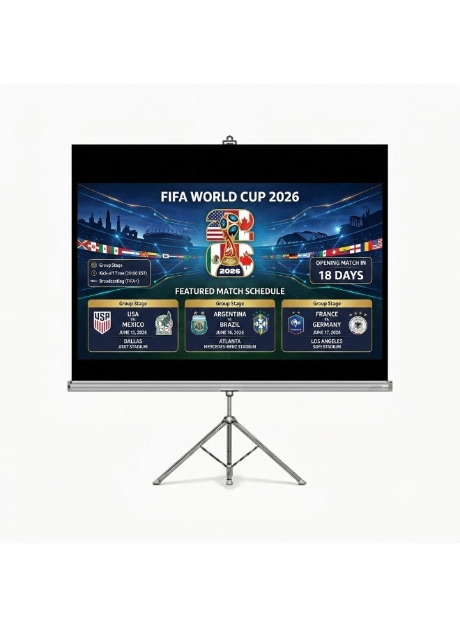 porodo 100" Tripod Projection Screen with 160° Viewing Angle & PVC Matte White Fabric, 4:3 Aspect Ratio, Wrinkle-Free Surface, Stable Tripod Stand, Indoor Outdoor Portable Screen For Home theatre, Classrooms & Conferences - White - Image 1