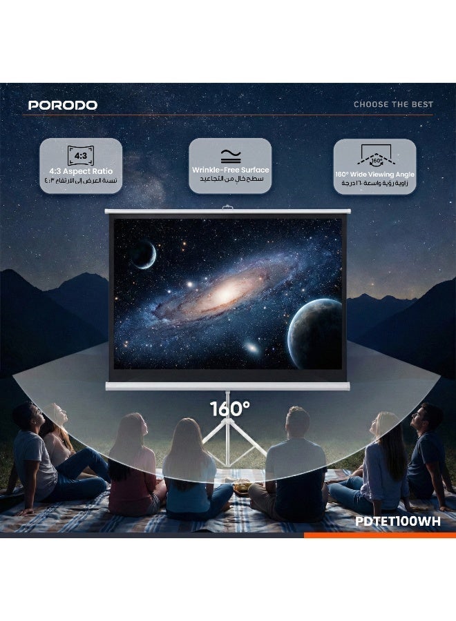 porodo 100" Tripod Projection Screen with 160° Viewing Angle & PVC Matte White Fabric, 4:3 Aspect Ratio, Wrinkle-Free Surface, Stable Tripod Stand, Indoor Outdoor Portable Screen For Home theatre, Classrooms & Conferences - White - Image 3