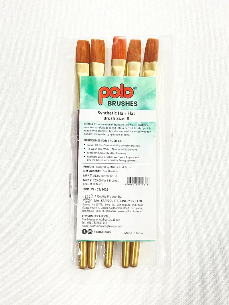 POLO فرش مسطحة من الشعر الصناعي 8 | عبوة من 5 | مجموعة فرش رسم احترافية بحواف دقيقة للرسم بالأكريليك، والألوان المائية والزيتية | شعيرات ناعمة لضربات سلسة ومتساوية - Image 3