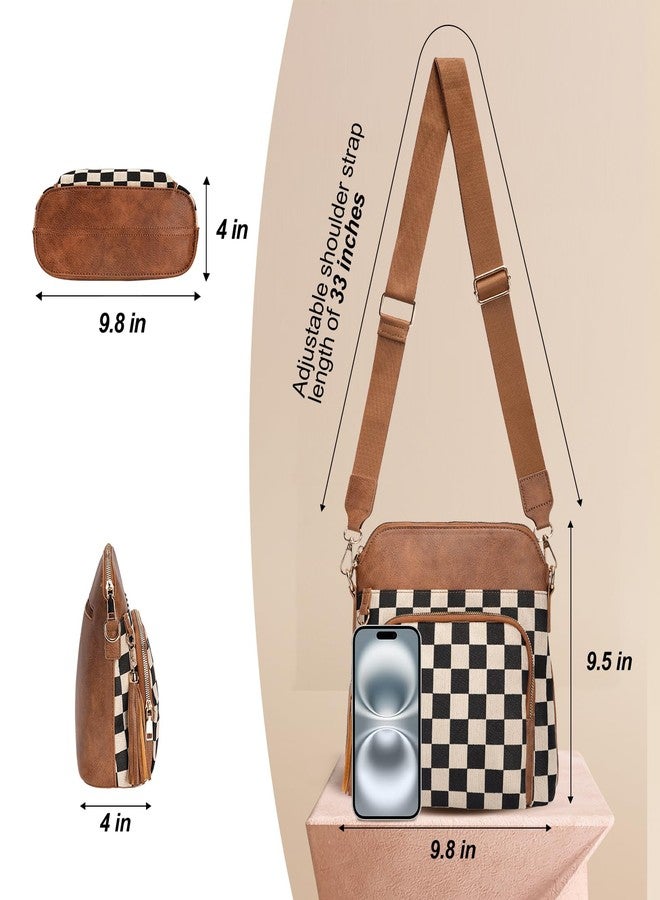 idoltimes Checkered Crossbody Bag for Women,Brown Checkered Purse with Leather Tassel,Plaid Cross Body Bags Shoulder Handbags - Image 3