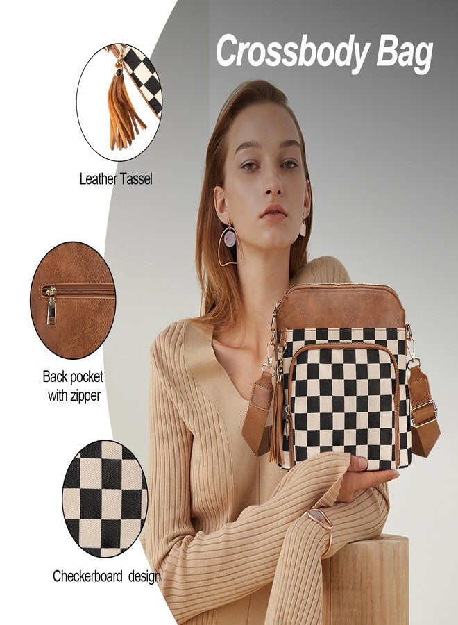 idoltimes Checkered Crossbody Bag for Women,Brown Checkered Purse with Leather Tassel,Plaid Cross Body Bags Shoulder Handbags - Image 5