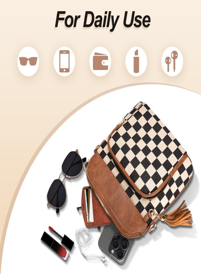 idoltimes Checkered Crossbody Bag for Women,Brown Checkered Purse with Leather Tassel,Plaid Cross Body Bags Shoulder Handbags - Image 4