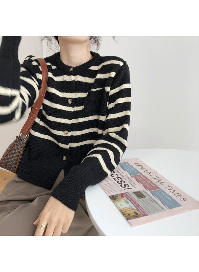 NIBEMINENT Striped Korean Knitted Cardigan Autumn Winter Contrasting Colors Loose Women's Clothing Basic Casual Round Neck Pockets Sweaters - Image 3