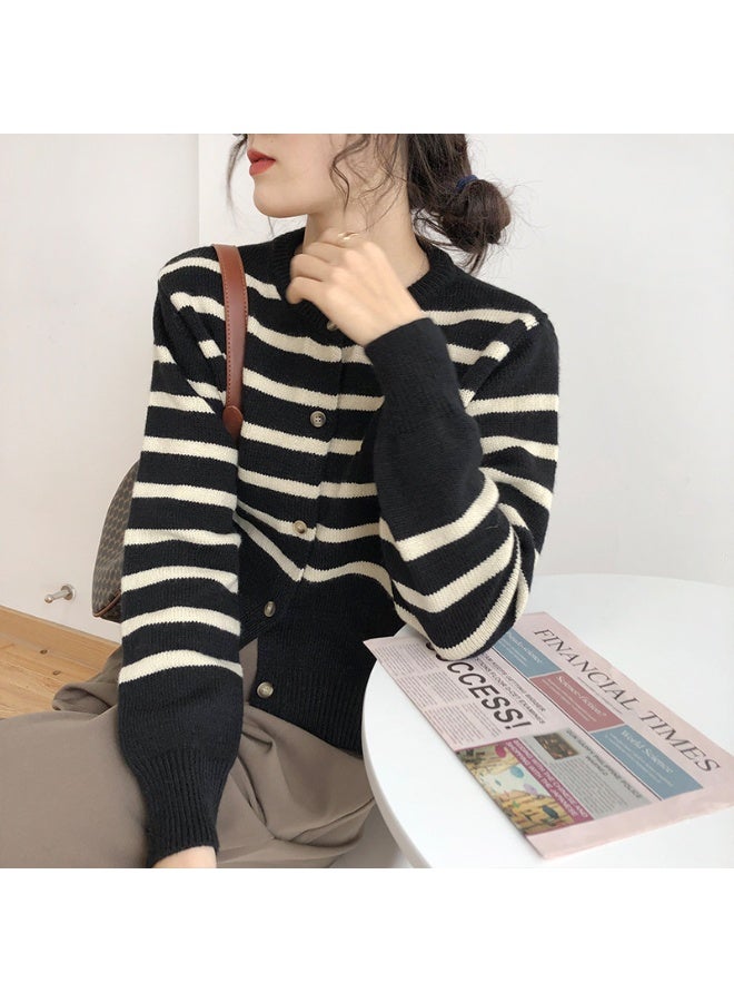 NIBEMINENT Striped Korean Knitted Cardigan Autumn Winter Contrasting Colors Loose Women's Clothing Basic Casual Round Neck Pockets Sweaters - Image 2