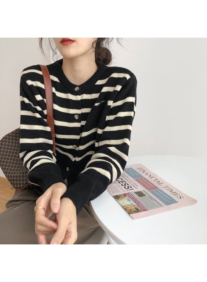 NIBEMINENT Striped Korean Knitted Cardigan Autumn Winter Contrasting Colors Loose Women's Clothing Basic Casual Round Neck Pockets Sweaters - Image 1