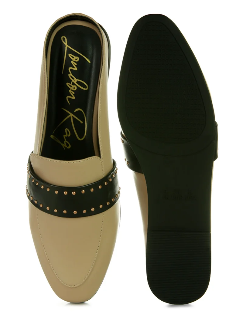 London Rag Faux Leather Studded Detail Mules in Taupe