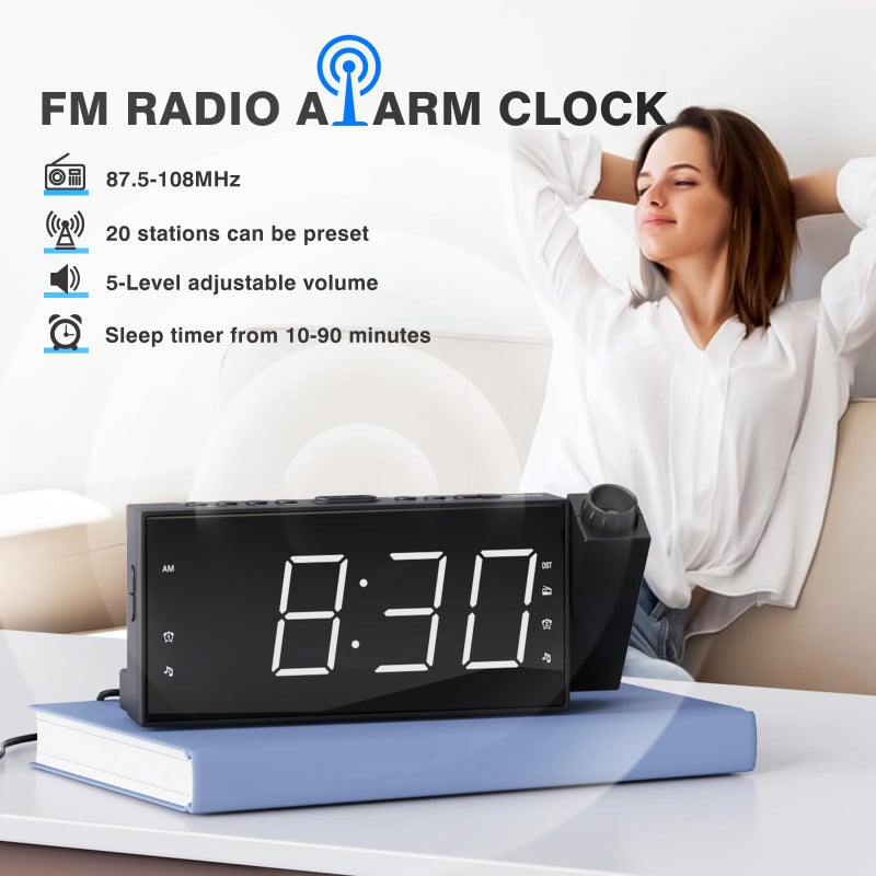 Mesqool Projection Alarm Clock with FM Radio,Large Number Display & Dimmer,USB Charger,Sleep Timer,Battery Backup,Dual Alarms,Clock Radio for Bedroom Heavy Sleepers - Image 2