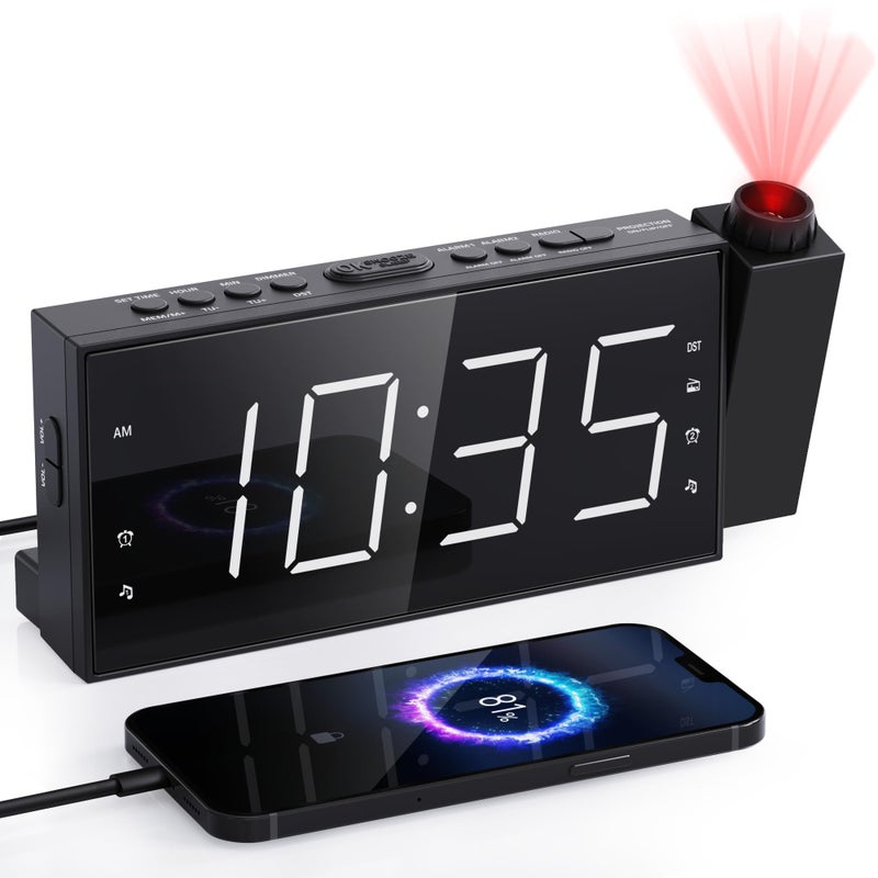 Mesqool Projection Alarm Clock with FM Radio,Large Number Display & Dimmer,USB Charger,Sleep Timer,Battery Backup,Dual Alarms,Clock Radio for Bedroom Heavy Sleepers - Image 1