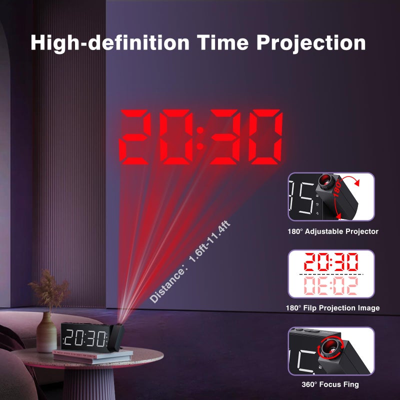 Mesqool Projection Alarm Clock with FM Radio,Large Number Display & Dimmer,USB Charger,Sleep Timer,Battery Backup,Dual Alarms,Clock Radio for Bedroom Heavy Sleepers - Image 5